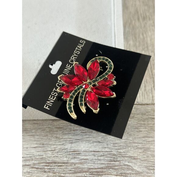 Red Green Crystal Rhinestone Poinsettia Flower Brooch for Christmas - Picture 4 of 4
